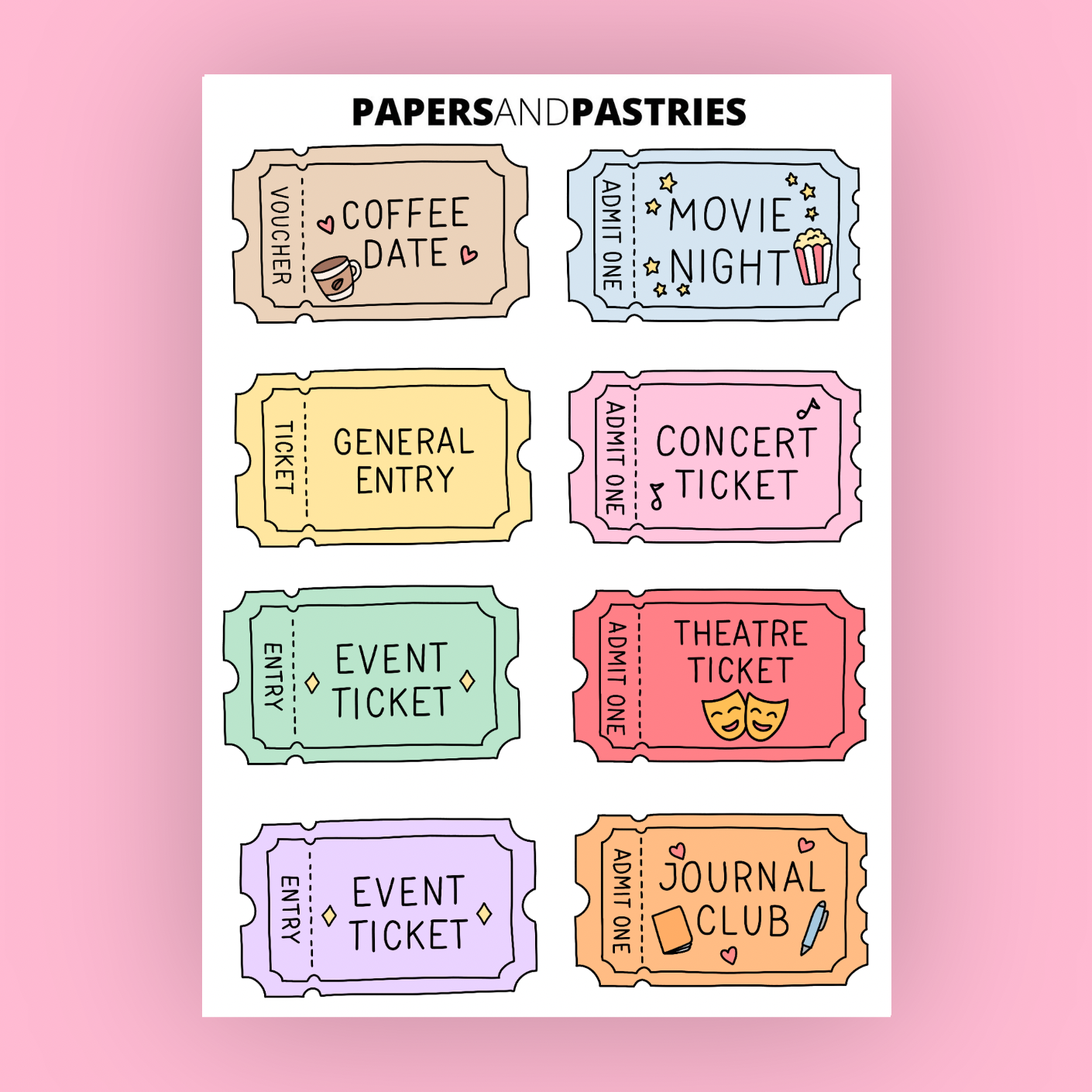 Cutesy Ticket Stubs Sticker Sheet